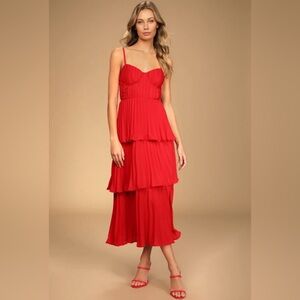 Lulus Cascading Crush Red Tiered Bustier Midi Dress
